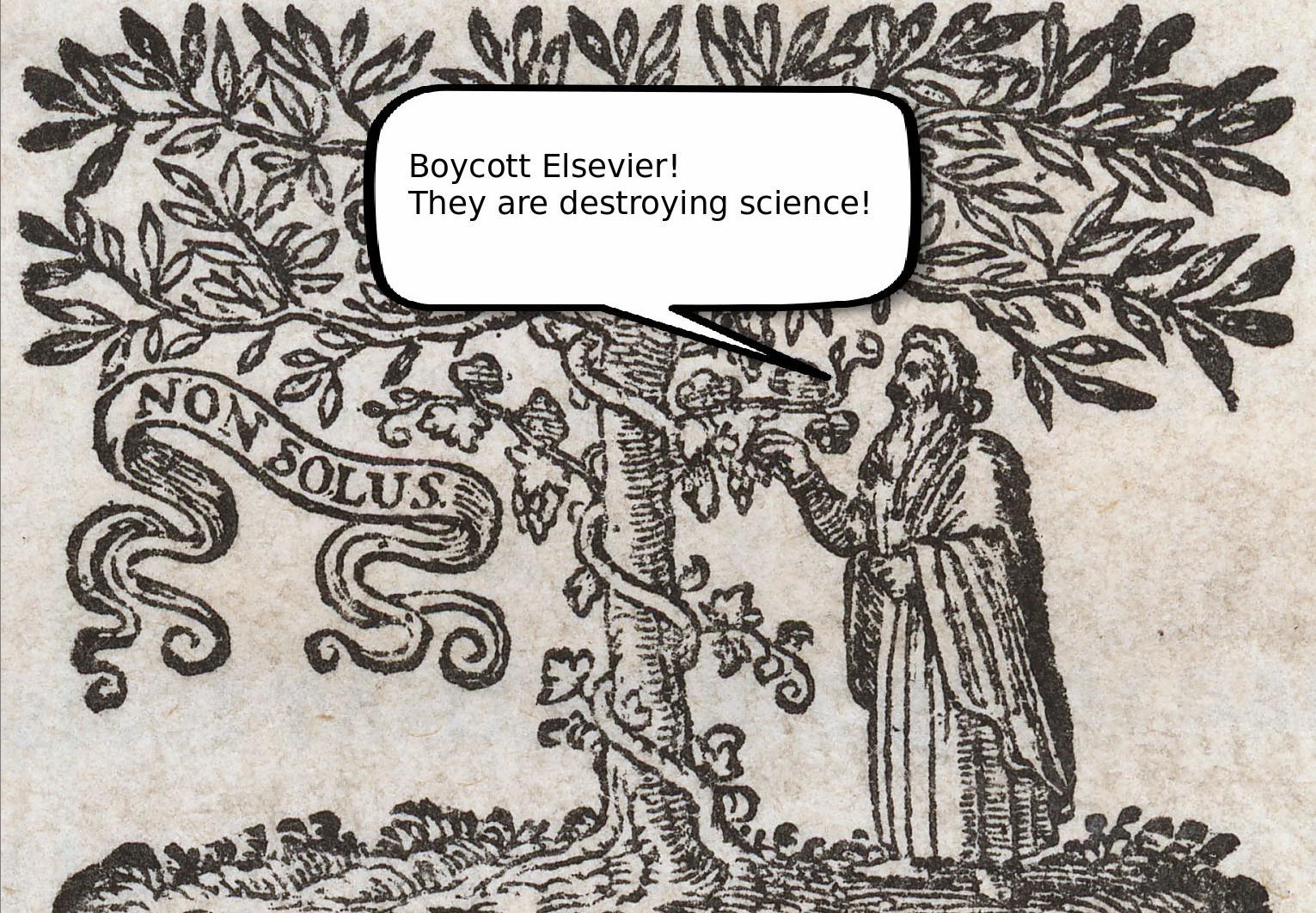 The source of inspiration for Elsevier’s logo, updated with a statement to boycott Elsevier.